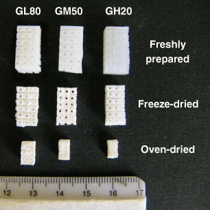 Figure 3 Photographs of the GL80, GM50 and GH20 scaffolds.