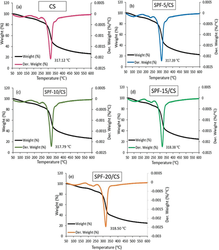Figure 6. TGA and DTG curves of biocomposite films containing CS and SPF/CS with various fiber loadings.