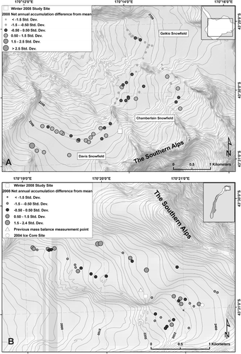 FIGURE 2 The Franz Josef Glacier (A) and Tasman Glacier (B) accumulation areas, showing the location of the winter study sites in relation to previous net accumulation measurement.