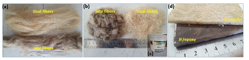 Figure 1. (A) Sisal and jute long fibers, (b) Sisal and jute short fibers, (c) epoxy resin used in this work and (d) Biocomposites sample developed.
