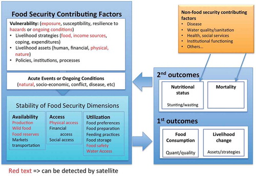 Figure 1. Conceptual diagram showing how the context and contributing factors connects the stability of food availability, access, and utilization to food security outcomes. Red parameters can be seen using remote sensing information. Derived from IPC (Citation2012).