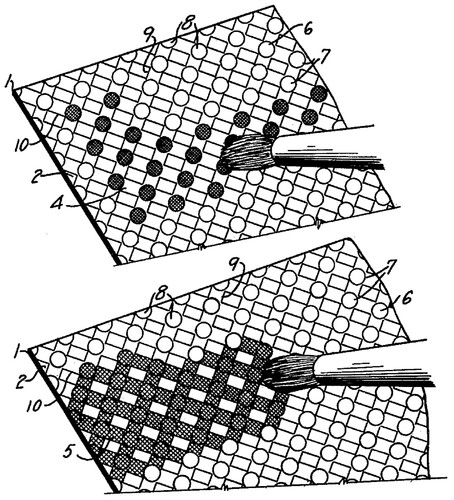 Figure 2. Two colorless patterns printed on paper and activated with a “light” developer that reveals one pattern (dots; above) and a “dark” developer that simultaneously reveals both patterns (dots and rectangles between them creating crosshatched lines; below). Detail from McIntosh Citation1936.