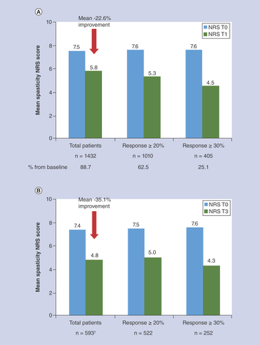 Figure 1. Mean 0–10 numerical rating scale score evolution from baseline to: (A) end of trial period (T1) and (B) 6 months of treatment (T3) with THC:CBD oromucosal spray. †73% of 811 patients with the possibility of reaching the T3 visit on the analysis date.Reproduced with permission from [Citation2].