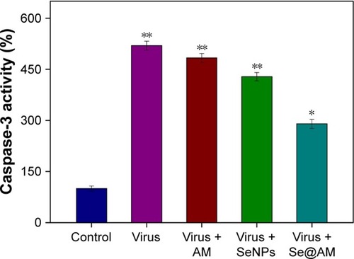 Figure 9 Inhibition of caspase-3 activity by Se@AM in H1N1 infection of cells.Notes: Cells were treated with Se@AM and caspase-3 activity detected by synthetic fluorogenic substrate. Bars with different characters are statistically different at *p<0.05 or **p<0.01 level.Abbreviations: AM, amantadine; Se@AM, AM-modified SeNPs; SeNPs, selenium nano particles.