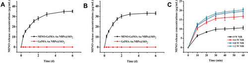 Figure 3 Release curves of minocycline in vitro. (A) Cumulative amounts of MINO released from GelMA-Au NBPs@SiO2 after immersion in PBS at 37 °C for 6 days. (B) Cumulative amounts of MINO released from GelMA-Au NBPs@SiO2 after immersion in collagenase solution at 37 °C for 6 days. (C) Cumulative amounts of MINO released from hydrogel with different powers of NIR light. The data is presented as Mean/SD.