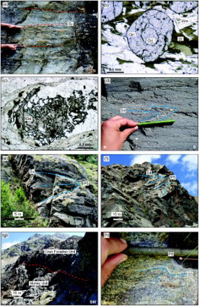 Figure 4. Main structures in the Money and Gran Paradiso Units. Letters in white at the bottom of each picture indicate the cardinal points. (a) 20 cm-thick layers alternate to Qz-micaschist bands (MMF); (b) Petrological evidence of contact metamorphism (Le Bayon and Ballèvre, Citation2004): Pre-Alpine garnet core in a Qz-micaschist (MMF) close to the contact with the Erfaulet orthogneiss (plane-polarised light); (c) Qz-micaschist (MMF): Garnet porphyroblast with chloritoid and quartz inclusions (stage 3) (plane-polarised light). (d) Meta-conglomeratic layer (PMF): centimetre-scale D5 fold; (e) Ab-paragneiss: metre-scale isoclinal D5 fold; (f) Gr-micaschist associated with meta-conglomeratic layers (PMF): S4 foliation is folded by D5 folds; (g) Contact between the Money and the Gran Paradiso Units continuously outcroppoing over hundred metres distance; (h) Qz-micaschist associated to meta-conglomeratic layers (MMF): centimetre-scale D6 folds.