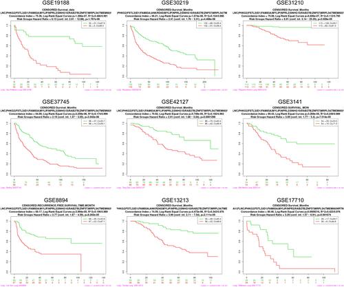 Figure 4 Validation the prognostic value of PLCRC via SurvExpress. Nine cohorts collected from GEO database, the modified PLCRC was automatically calculated by SurvExpress based on the expression of 23 selected genes.