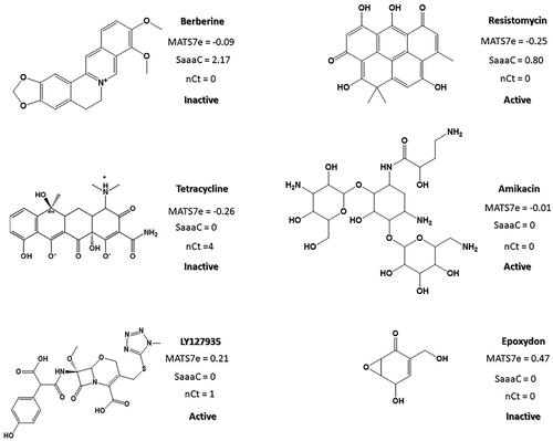 Figure 4. Example of MATS7e, SaaaC and nCt values for different active and inactive compounds from the training set (Gram (−) activity).