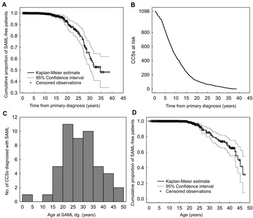 Figure 2 Summary of SAMLs, renal sporadic angiomyolipomas without histological confirmation, occurrence. Kaplan–Meier estimation of the proportion of SAML-free CCSs, childhood cancer survivors (A). Number of SAML-free CCSs remaining in the study at the given follow-up time (B). Histogram showing the distribution of age at SAML diagnosis (C). The Kaplan–Meier curve showing the age-related incidence of SAMLs (D).