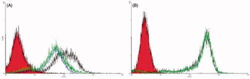 Figure 4. Flow cytometry histogram showing the cellular uptake of Rhodamine 6G encapsulated PEG-AcCMC-SN38, Apt-PEG-AcCMC-SN38 and Apt-PEG-AcCMC-SN38 + free aptamer and untreated cells as control in CD133 positive cells, HT-29 cells (A) CD133 negative cell, (B) CHO cells.