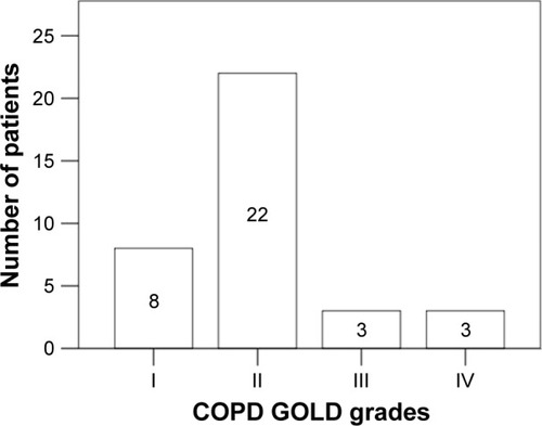 Figure 1 Predominance of COPD in early stages of the disease.Note: Data are presented as n.Abbreviation: GOLD, global initiative for chronic obstructive lung disease.