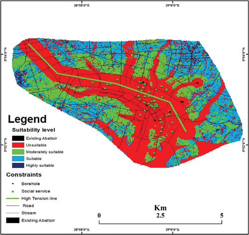 Figure 21. Suitability map of an abattoir overlaid by factor layers.