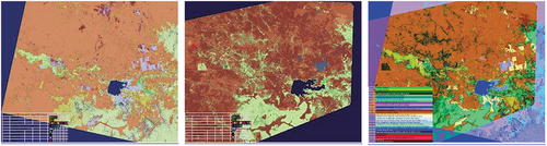 Figure 42. Example of automatic SIAM-based post-classification MS color naming change/no-change detection, starting from MS images acquired from different EO imaging sensors harmonized at the SIAM categorical level of color naming (see Figures 29 and 30), where SIAM stays for Satellite Image Automatic Mapper (SIAM) (Baraldi, Citation2017, Citation2019a; Baraldi et al., Citation2006, Citation2010a, Citation2010b, Citation2018a, Citation2018b; Baraldi & Tiede, Citation2018a, Citation2018b). Left: SIAM map depicted in 33 pseudo-colors, generated from a SPOT-5 image featuring four channels, specifically, visible green (G), visible red (R), near infrared (NIR) and middle infrared (MIR), radiometrically calibrated into TOARF values, upscaled to 5 m resolution. Center: SIAM map depicted in 33 pseudo-colors, generated from a RapidEye image featuring four channels, specifically, visible blue (B), G, R and NIR, radiometrically calibrated into TOARF values, 5 m resolution. Left: Multi-source SIAM-based post-classification change/no-change detection map, whose map legend consists of 29 codewords, depicted in pseudo-colors and associated with cells in a two-way 33 × 33 transition matrix with 33 entries as color names per date. The bi-temporal SIAM-based post-classification map legend is shown in Figures 43 and 44.