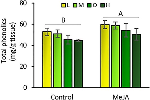 Figure 6. Total phenolic content (mean mg de chlorogenic acid/g fresh tissue ± SE) in tomato leaves exposed to four fertilizer regimes (L = low, M = medium, O = optimal, and H = high) with and without induction by methyl jasmonate (MeJA). Different letters indicate significant differences between treatments (two-way analysis of variance, P < 0.05). n = 5.