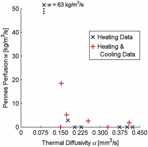 Figure 5. Thermal diffusivity and Pennes perfusion values from clinical MRgFUS desmoid tumour treatments. Properties were determined from heating data (N = 7, × markers) and from 60 s of heating and cooling data (N = 6, + markers). The heating and cooling results includes one data set less, because for that dataset, large patient motion early in the cooling period confounded subsequent temperature measurements.