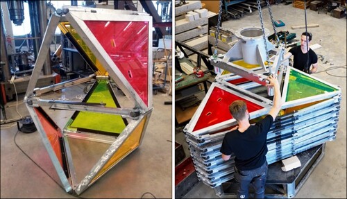 Fig. 3 (a). Element with Luminescent Solar Collectors. (b). Fastening the footing of turbine over the folded elements at Eindhoven University of Technology (source: Bart van Overbeeke)