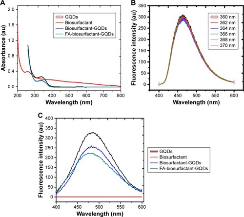 Figure 2 Characterization of biosurfactant, GQDs, biosurfactant-GQDs, and FA-biosurfactant-GQDs conjugates.Notes: (A) UV–vis absorption spectra. (B) Fluorescence spectra (under different excitation wavelengths ranging from 360 to 370 nm). (C) PL decay curves of GQDs and their conjugates under a UV beam of 365 nm.Abbreviations: FA, folic acid; GQDs, graphene quantum dots; PL, photoluminescence; UV–vis, ultraviolet–visible.