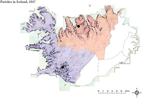 Figure. 3. Parishes in Iceland, after Johnsen’s 1847 census. The blue area represents Skálholt’s bishopric, whereas the red shows Hólar’s. The red stars depict church-owned beneficia, while black stars depict privately owned parish churches. Source: Maps produced using basemap data from Landmælingar Íslands.