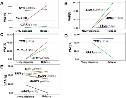 Figure 5 . Clonal evolution patterns of AML at the time of relapse. Five patients who underwent repeat NGS at relapse in our cohort were observed, and VAF of mutated genes for each patient at diagnosis and relapse are shown.