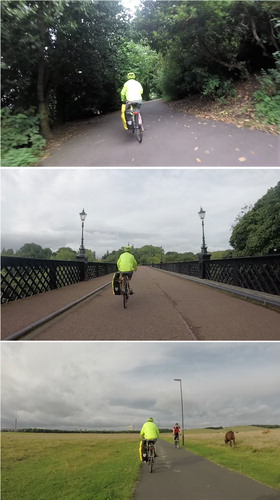 Figure 4. Green spaces and heritage sites in commute Tess (Newcastle). Top to bottom: valley path; iron bridge over valley; traffic-free common land. Source: author’s video.