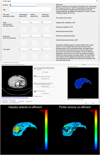 Figure 5 The calculator and visualization software for these liver perfusion indies. Upper panel, the interface of the calculator section. Middle panel, one of the interfaces of the visualization section. Downer panel, a typical HCC lesion displayed low PVC value and high HAC value. The software is available for free upon reasonable request from the corresponding author, Yang Ke.