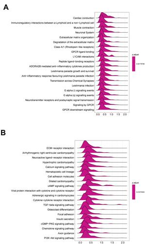 Figure 4 GSEA analysis of THBS1 expression in GC. The top 20 GSEA results of Reactome pathways (A) and KEGG pathways (B).