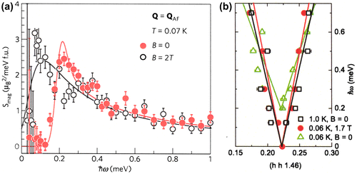 Figure 8. (colour online) Inelastic neutron scattering of S-type CeCu2Si2. (a) Magnetic response S mag (on an absolute intensity scale) at the AF ordering wave vector in the superconducting and normal states at T = 0.07 K (from [Citation48]). (b) Spin-fluctuation dispersion in the normal state (at B = 0, T > T c and B = B c2 = 1.7 T, T << T c) as well as in the superconducting state (B = 0, T << T c) (from [Citation60]).