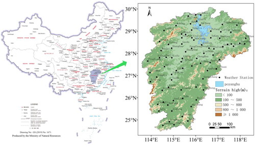 Figure 1. Spatial distribution of terrain and meteorological stations in Jiangxi Province, China.