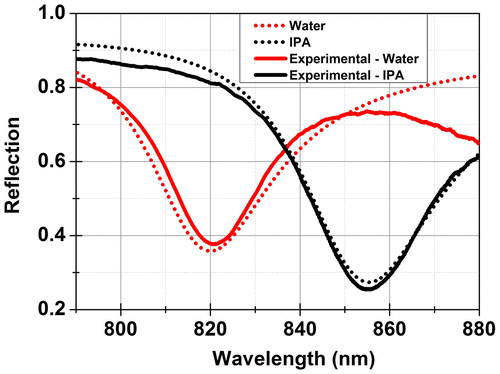 Figure 8. Calculated (continuous lines) and experimentally measured (dotted lines) reflectance spectra for a high index contrast sensor with water and IPA environments. The measurement is in the K-R configuration with the light incident through a 45° dove shaped sapphire prism with Durimide 112A as an index matching polymer.