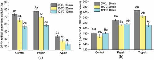 Figure 3. Effect of pepsin–trypsin digestion on antioxidant activity DPPH radical scavenging of peptides from aged duck meat after cooking. (a) DPPH radical scavenging activity of peptides. (b) FRAP of peptides. The value of each datapoint is presented as mean ± SE (n = 3). The data with different highercase letters are significantly different during pepsin–trypsin digestion; data with different lowercase letters are significantly different between different cooking methods (P < .05)