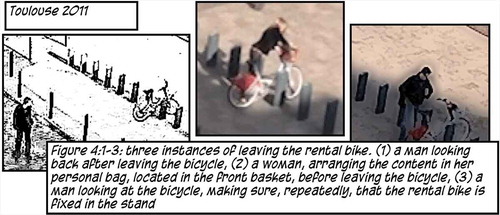 Figure 4. 1–3. Returning rental bikes to the stand. Three instances of leaving and adjusting bikes at the rental station.