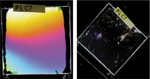 Figure 7. (Colour online) Photograph of the cell containing photoalignment alignment layer made from the photoalignment composition containing 80%wt NOA69/20%wt MLC 6873–100. The cell was filled with the nematic liquid crystal MLC 6873–100. The photograph of the cell was taken in polarising microscope between crossed polarisers. High-quality smooth planar photoalignment was observed in this cell giving a contrast ratio of 1:1560. The areas with different colours correspond to different cell thickness in these areas.