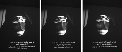 Figure 2: Oral history video stills in the “people of Qatar” exhibit, National Museum of Qatar. Mitchell photographs, 29 April 2019. Left image: A picture of a woman in a traditional scarf and face covering. The caption reads, “In the winter, most people went to the desert with their families.” Center image: A picture of a woman in a traditional scarf and face covering. The caption reads, “Some people stayed by the sea.” Right image: A picture of a woman in a traditional scarf and face covering. The caption reads, “But those with livestock went to the desert.”