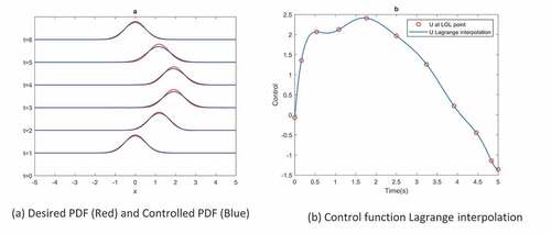 Figure 1. Ornstein-Uhlenbleck process. (a) Desired PDF (Red) and Controlled PDF (Blue). (b) Control function Lagrange interpolation