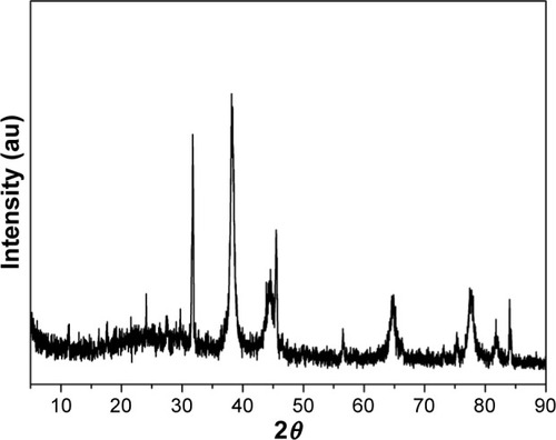 Figure 4 XRD patterns of lyophilized AgNPs biosynthesized by the reduction of AgNO3 solution with the cell filtrate of Arthroderma fulvum.Abbreviations: XRD, X-ray diffraction; AgNPs, silver nanoparticles.