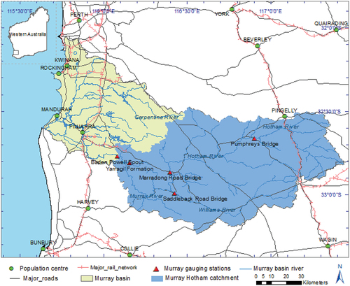 Figure 1. Major rivers and gauging stations in the study area: Murray-Hotham catchment of Western Australia.