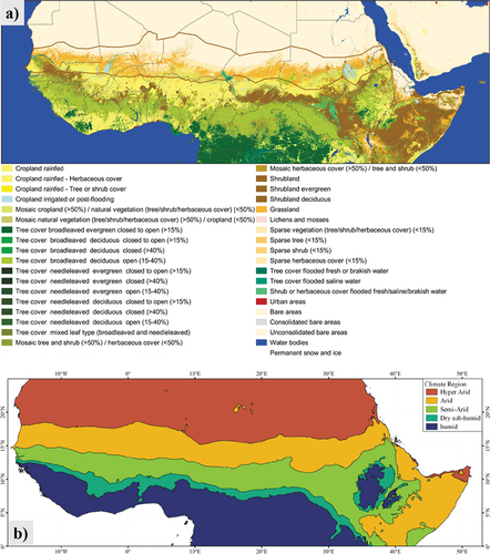Figure 1. Study area (African Sahel-Sudano-Guinean region): (a) land cover map, (b) bioclimatic zone. The land cover information is extracted from the ESA CCI-LC map of 2018. The bioclimatic zone is defined by the Aridity Index (AI) following the classification developed by FAO. The Aridity Index (AI) data is derived as the reciprocal of the aridity index layer extracted from the Global Aridity dataset released by CGIAR Consortium for Spatial Information (CGIAR-CSI). The AI is defined as the ratio of precipitation to reference evapotranspiration.