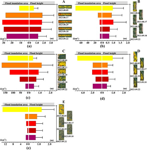 Figure 9. The change of total inundation area and water depth in (a) BYLF, (b) LGW, (c) DD, (d) MTG, and (e) YDF from August 5, 2023 to September 22, 2023.