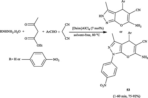 Scheme 79. Synthesis of 6-amino-4-(4-methoxyphenyl)-5-cyano-3-methyl-1-phenyl-1,4-dihydropyrano[2,3-c]pyrazoles using [Dsim]AlCl4.