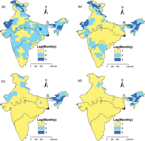 Figure 8. Lag (month) of time-series (a) SPI, (b) SPEI, (c) MMAI and (d) SEI with respect to SSMI