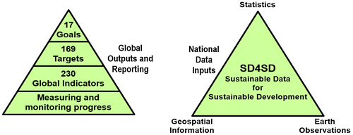 Figure 1. Global outputs and reporting progress through the indicators, targets and goals; and key areas of national data inputs toward the production of the global indicator framework.