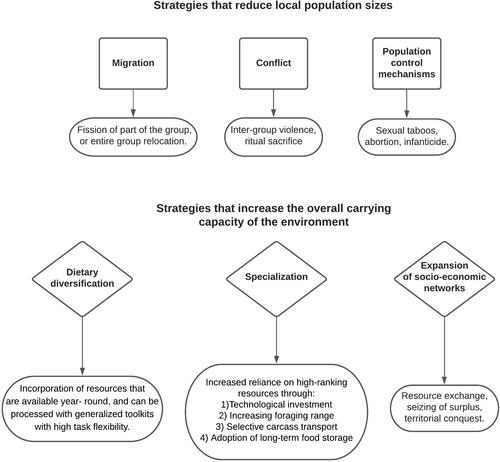 Figure 3. Framework for understanding the strategies that hunter-gatherer-fisher communities, including those in circumpolar coastal landscapes, may deploy to regulate the complex set of relationships between population size and the carrying capacity of the environments in which they live.