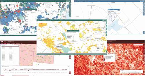 Figure 12. Some end products obtained from the Earth Observation Information System. Top left: statistics on forest stand map; bottom left: data series of a disbursement point analyzed with Persistent Scatterer Interferometric Synthetic Aperture Radar (PSInSAR); middle: forest using statistics based on NDVI change; top right: statistics on inland excess water map; bottom right: hybrid fire index map