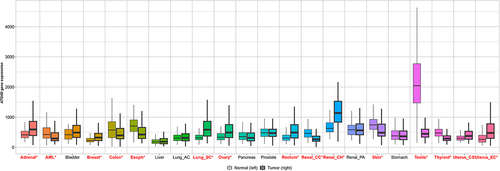 Figure 4. Pan-cancer analysis of ATG4D expression in normal (left, non-bold) and tumor (right, bold) tissues as determined by RNA-Seq. Tissue types marked in red demonstrate significant differences in ATG4D expression (Mann-Whitney U test, *p < 0.01). Analysis and figure generated using TNMplot [Citation94]. AC: adenocarcinoma; AML: acute myeloid leukemia; CC: clear cell carcinoma; CH: chromophobe; CS: carcinosarcoma; EC: corpus endometrial carcinoma; Esoph: esophagus; PA: papillary cell carcinoma; SC: squamous cell carcinoma.