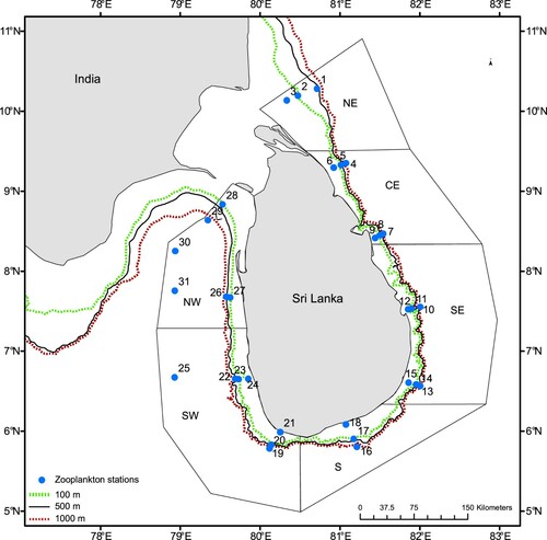 Figure 1. Sampling locations of zooplankton stations by R/V Dr. Fridtjof Nansen survey between 24 June and 16 July 2018 around Sri Lanka. NE = North East, CE = Central East, SE = South East, S = South, SW = South West, NW = North West. Station numbers 1–31 are running station numbers. See Table SI for corresponding survey station numbers. The solid line at 500 m depth contour delineates the shelf and deep-water polygons. The green and red dotted lines show the 100 m and 1000 depth contours respectively.