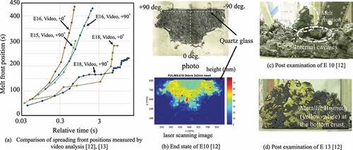 Figure 5. Representative data of the PULiMS test. Comparison of spreading front positions measured by video analysis [Citation12,Citation13]End state of E10 [Citation12]Post examination of E10 [Citation12]Post examination of E13 [Citation12]