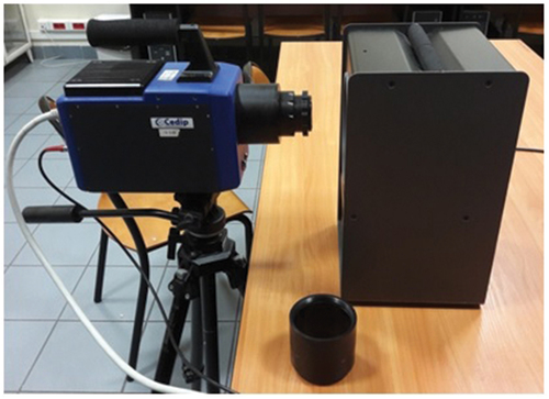 Figure 3. Setup used to evaluate the impact of different combinations of extension rings on the temperature measurement accuracy and image spatial resolution; a Cedip Titanium 560 M camera (shown with the 60 mm ring) and a Fluke 4181 IR calibrator.