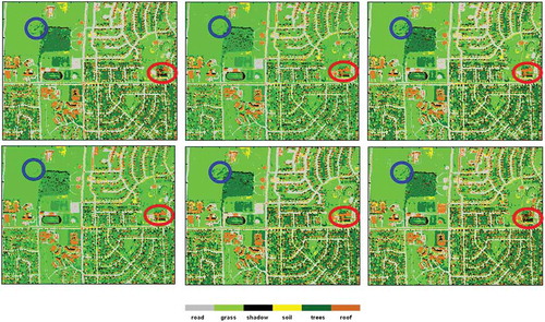 Figure 5. Classification map of HyMap data using MEAC and JM.(a) 2CS-MEAC (95.8%). Classification map of HyMap data using MEAC and JM.(b) 1CS-MEAC (94.3%). Classification map of HyMap data using MEAC and JM.(c (c) 2CS-JM (96.2%). Classification map of HyMap data using MEAC and JM.(d) 1CS-JM (94.4%). Classification map of HyMap data using MEAC and JM.(e) PCA (92.7%). Classification map of HyMap data using MEAC and JM.(f) All bands (88.7%)