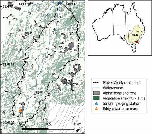 Figure 1. Features of the Pipers Creek catchment and location relative to the MDB