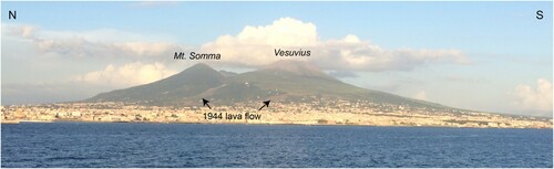 Figure 2. View, from the Posillipo coast, of the Vesuvius main cone, the rim of the Somma caldera and 1944 lava flows; the eastern part of the Naples urban area is visible on the left.